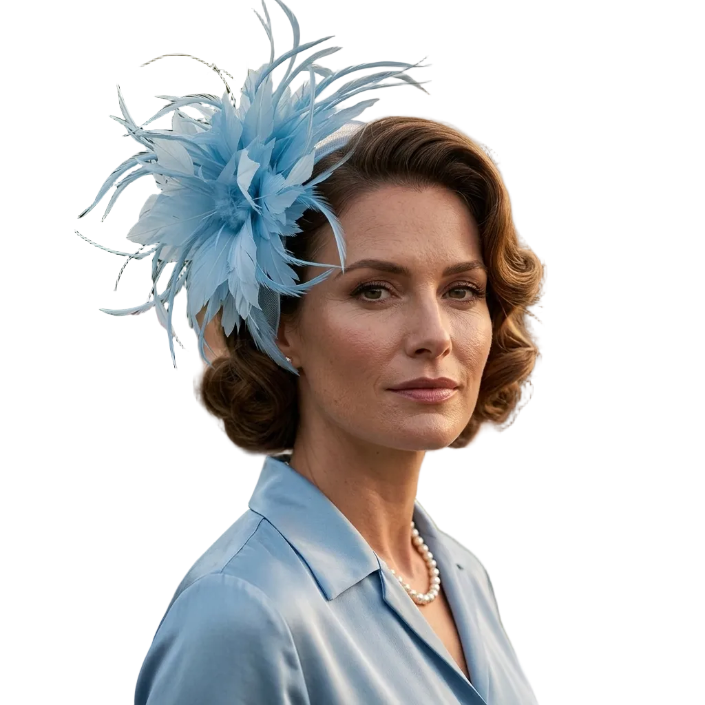 A woman in a light blue collared dress wearing a large light blue feather fascinator, photographed outdoors at what looks like a wedding or event with blurred guests and flowers in the background.