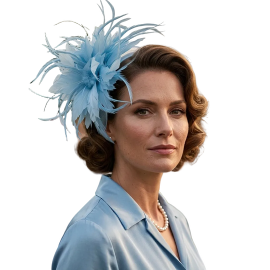 A woman in a light blue collared dress wearing a large light blue feather fascinator, photographed outdoors at what looks like a wedding or event with blurred guests and flowers in the background.