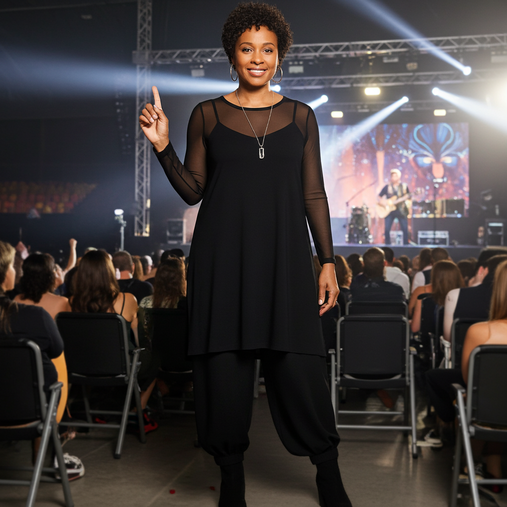 Woman in a black outfit standing on a stage with a band in the background