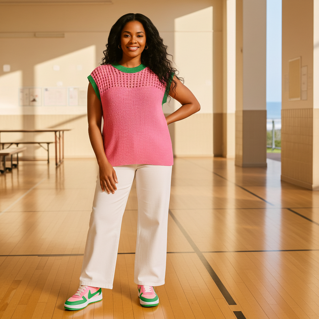 Woman wearing a pink top and white pants in a gymnasium