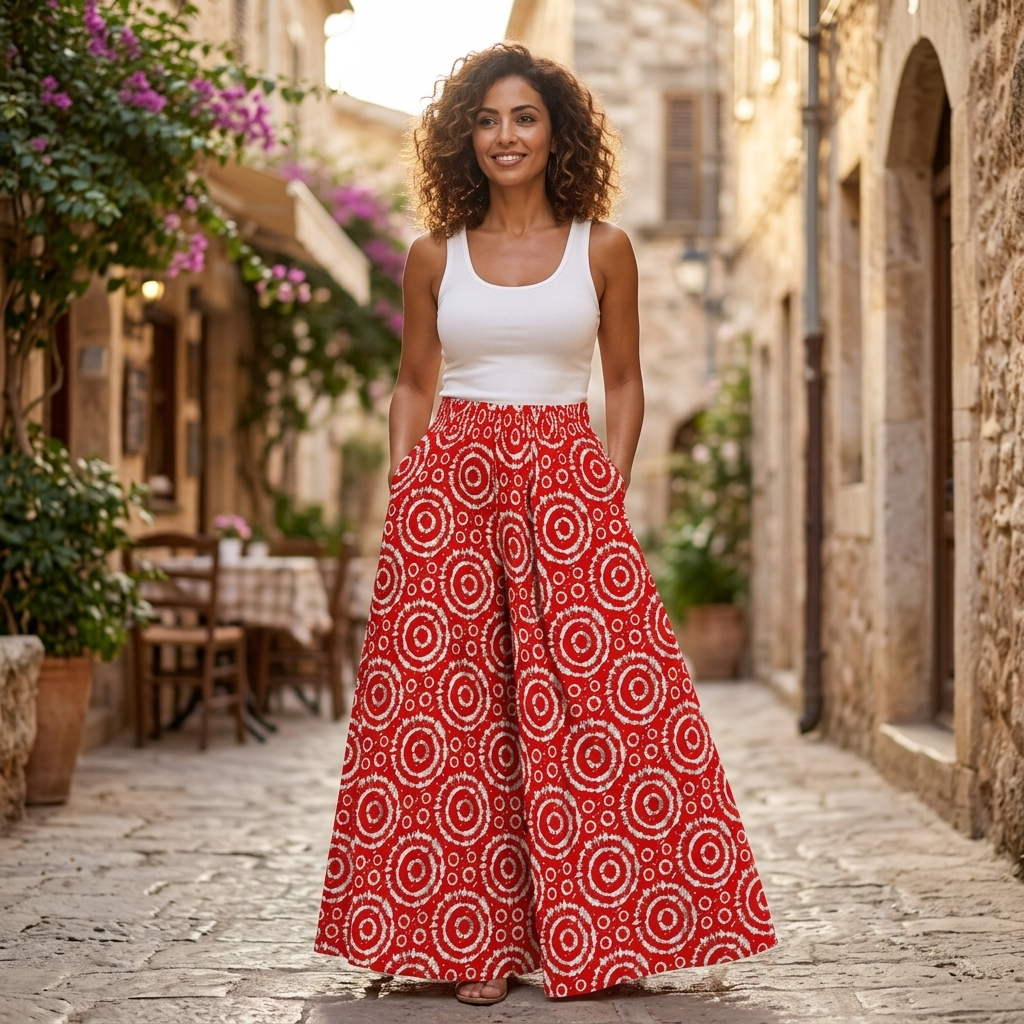 Afrikanische Baumwoll-Palazzo-Hose – Schwarz-roter Print