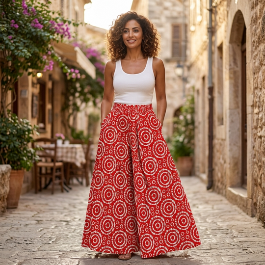 Afrikanische Baumwoll-Palazzo-Hose – Schwarz-roter Print