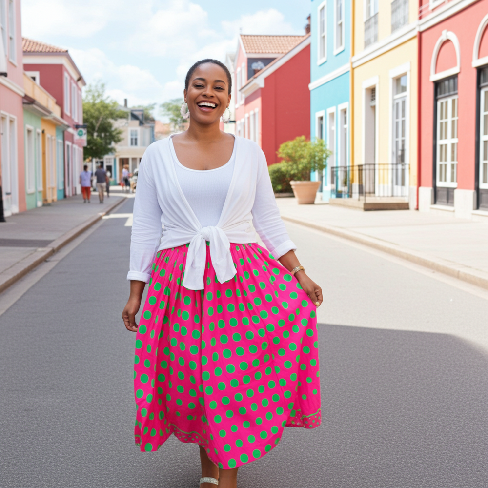 Woman in a white top and pink polka dot skirt standing on a colorful street.