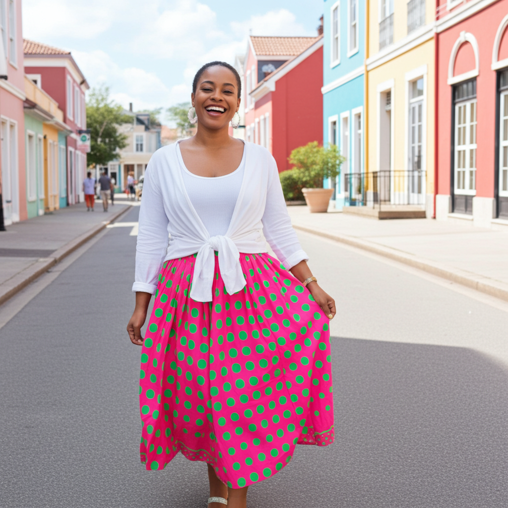 Woman in a white top and pink polka dot skirt standing on a colorful street.