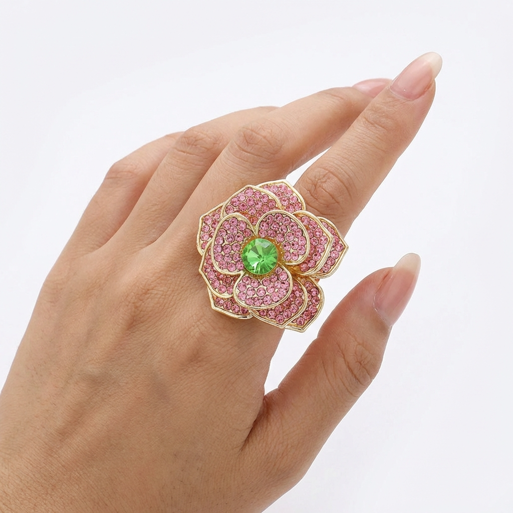 Pink floral ring with a green gemstone on a hand against a white background