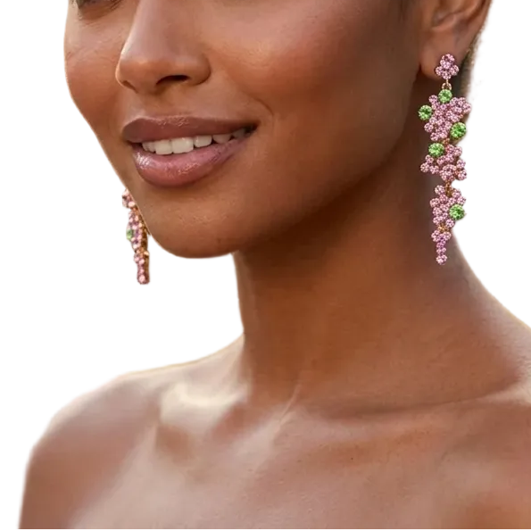 Pink and Green Crystal Floral Cascade Drop Earrings