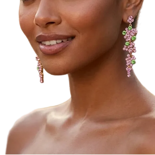 Pink and Green Crystal Floral Cascade Drop Earrings