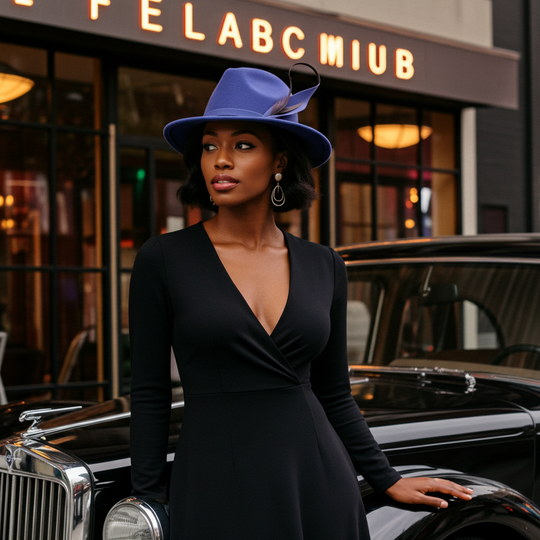 Woman in a black dress and blue hat standing next to a vintage car with a neon sign in the background.