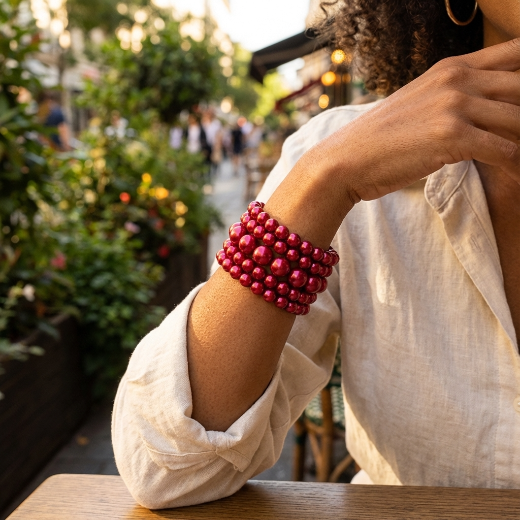 Classic Pearl Stretch Bracelet Set (5-Piece Stack) - Red