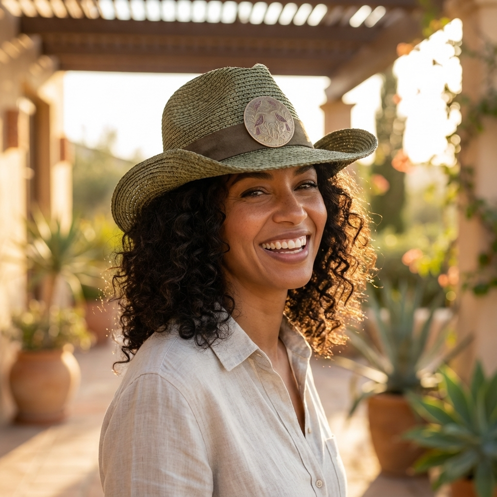 Woman wearing a straw hat with a decorative emblem, standing outdoors with plants in the background.