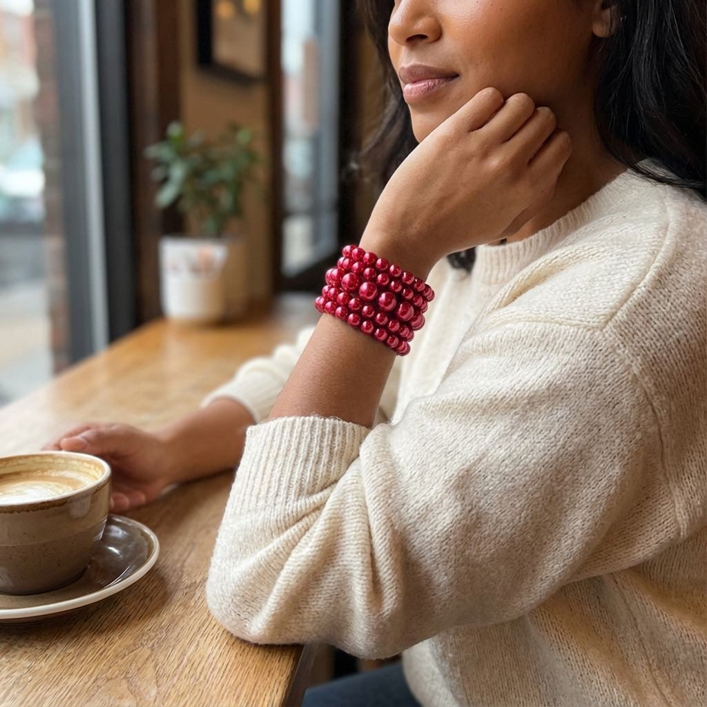 Classic Pearl Stretch Bracelet Set (5-Piece Stack) - Red