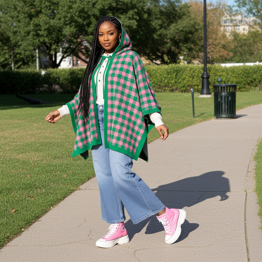 Pink & Green Tie-Neck Cape – Elegant & Timeless