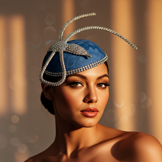 Woman wearing a blue headpiece with decorative elements against a blurred background