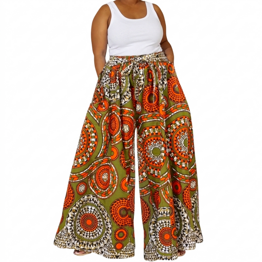 African Cotton Palazzo Pants – Olive Orange Print