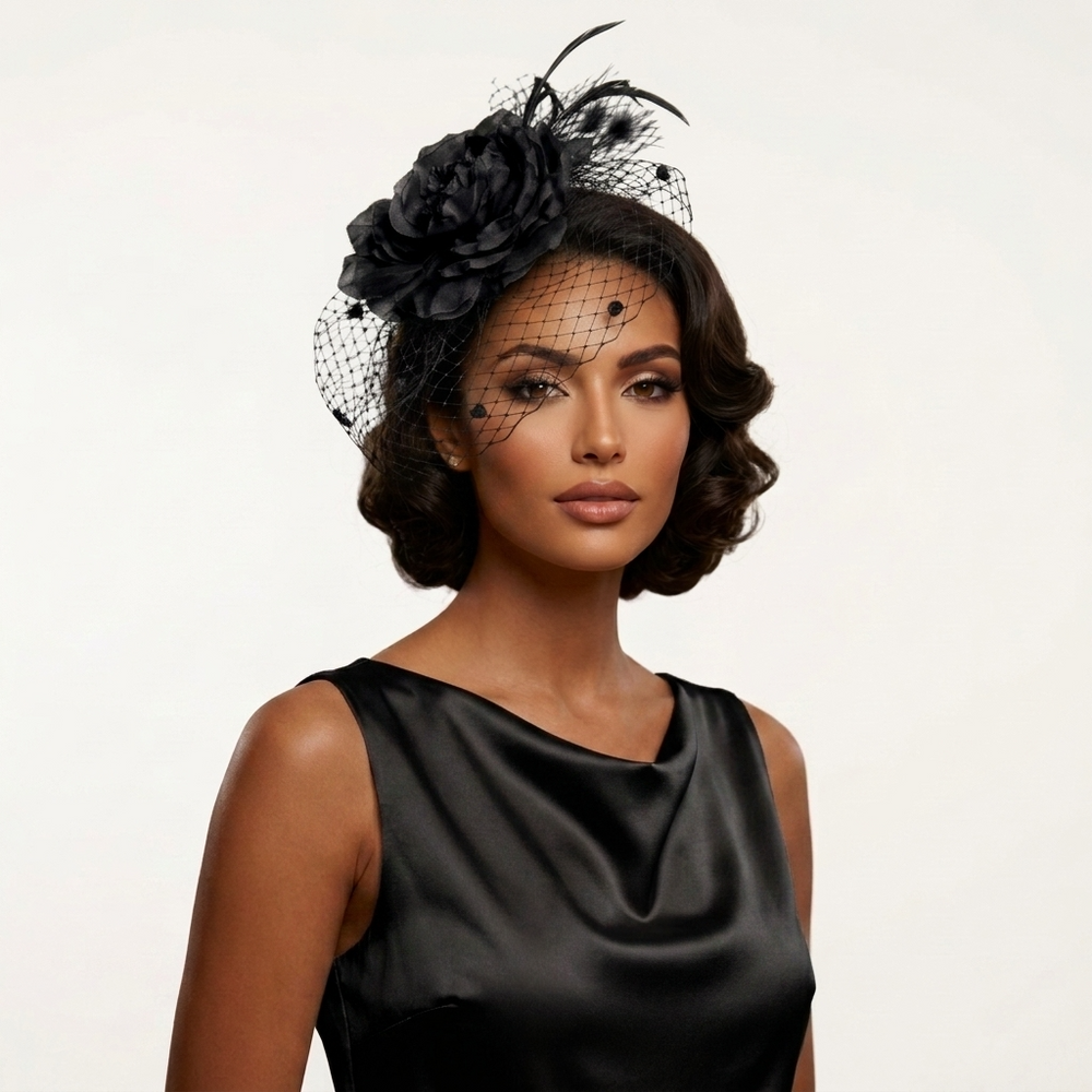 A woman wearing a black fascinator hat with a large fabric flower, black feathers, and a sheer net veil, paired with a black satin dress against a plain light background.