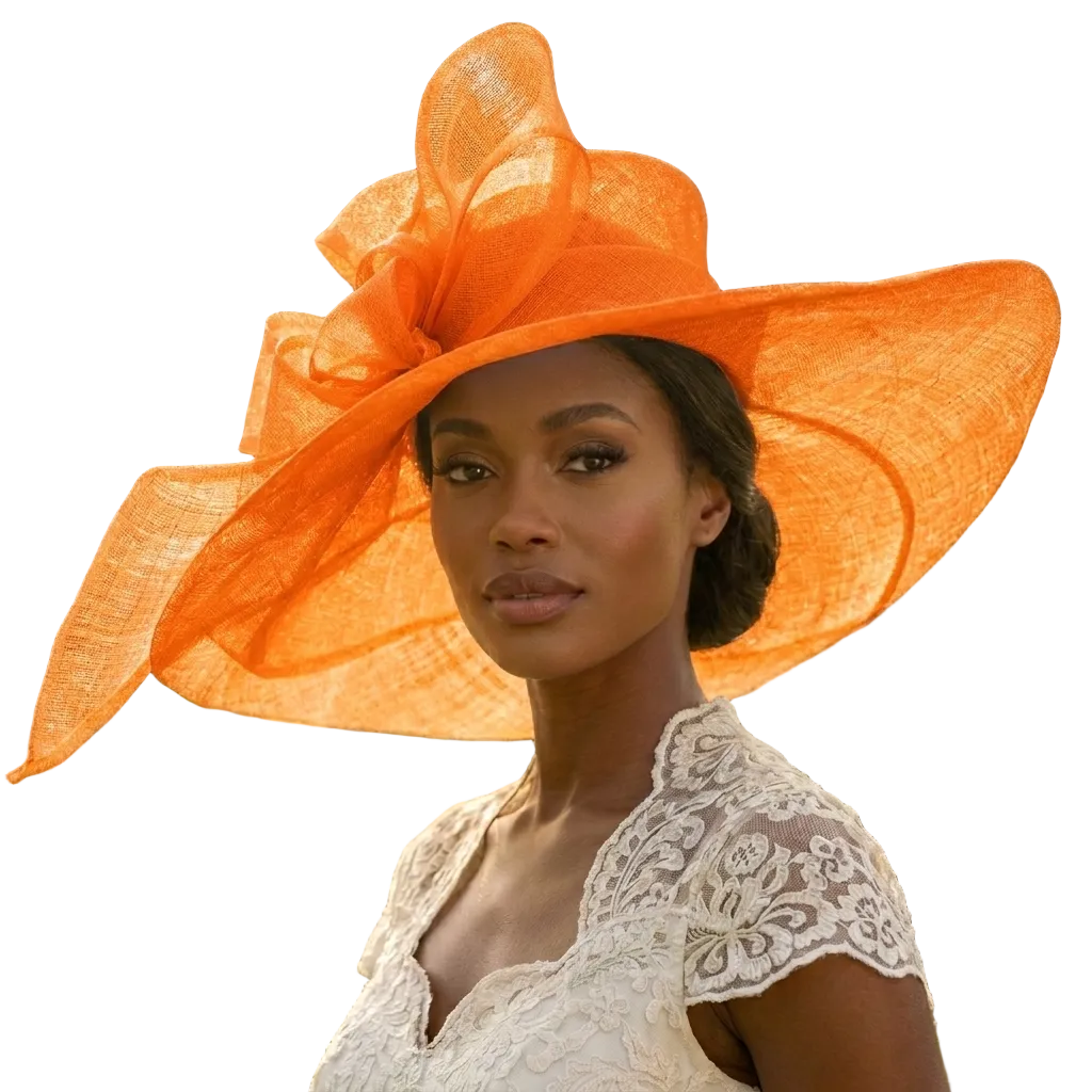Orange Sinamay Wide Brim Hat with Abstract Bow