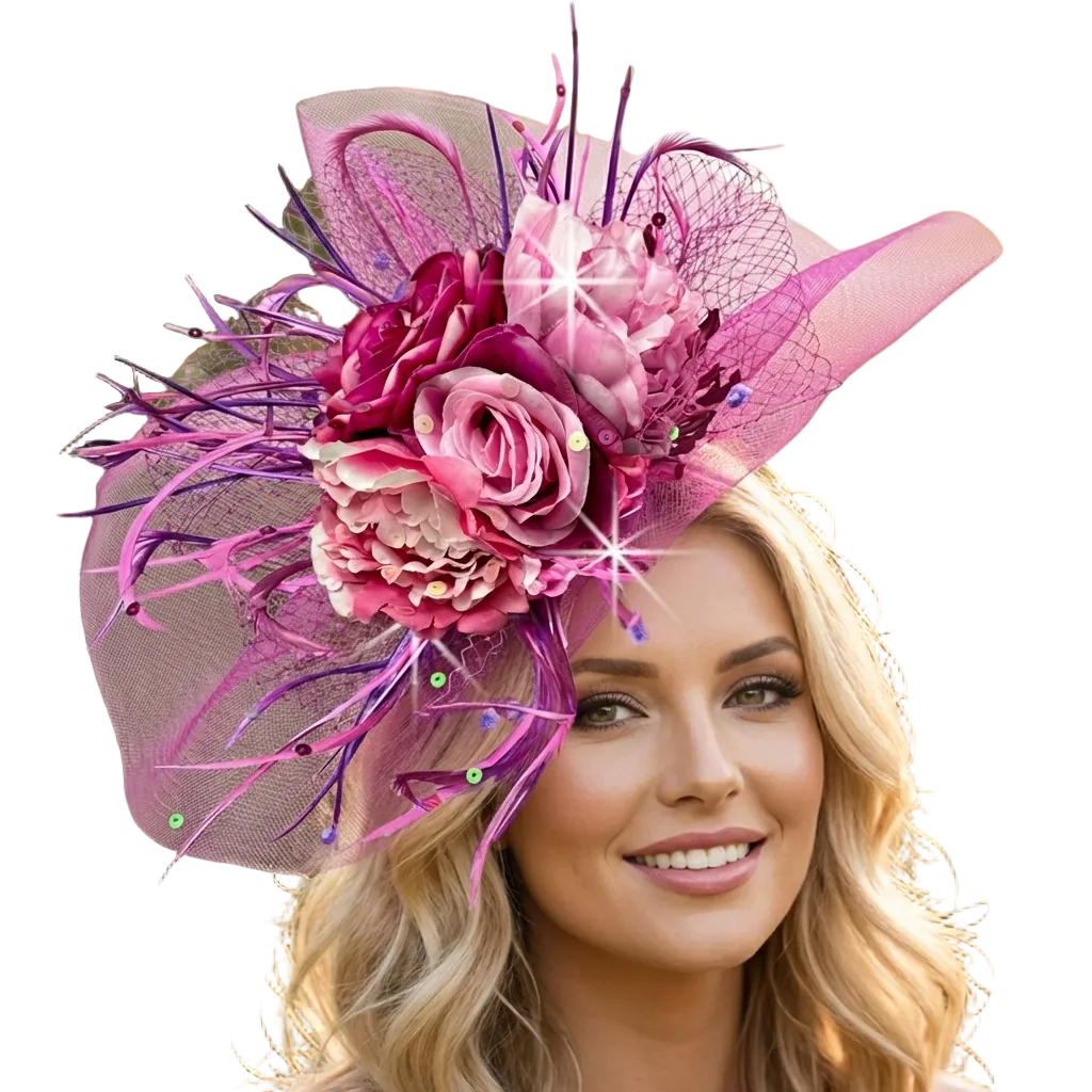 Woman wearing a vibrant pink and purple floral hat with decorative elements outdoors.