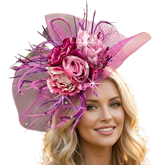 Woman wearing a vibrant pink and purple floral hat with decorative elements outdoors.