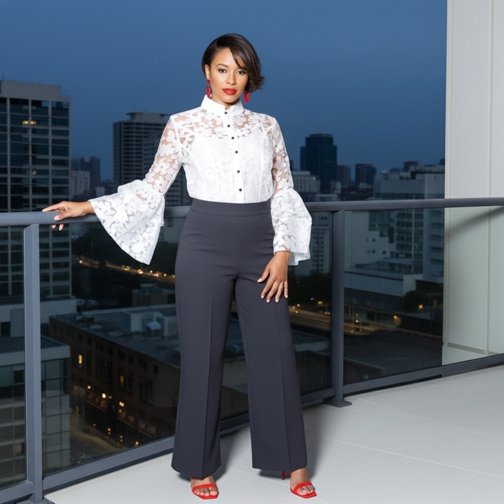 Woman in a white blouse and dark pants standing on a balcony with cityscape background