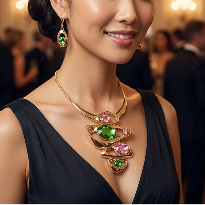 Woman in formal attire with jewelry in a glamorous setting