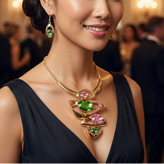Woman in formal attire with jewelry in a glamorous setting
