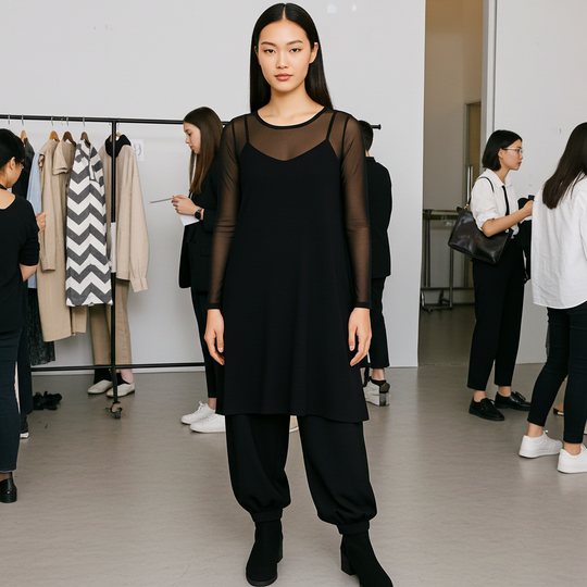 Woman wearing a black outfit in a fashion setting with other people and clothing racks.