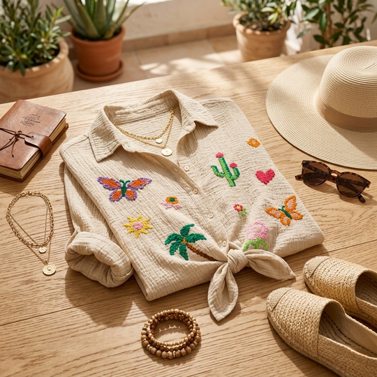 Embroidered Motif Gauze Cotton Oversized Shirt - One Size - Beige