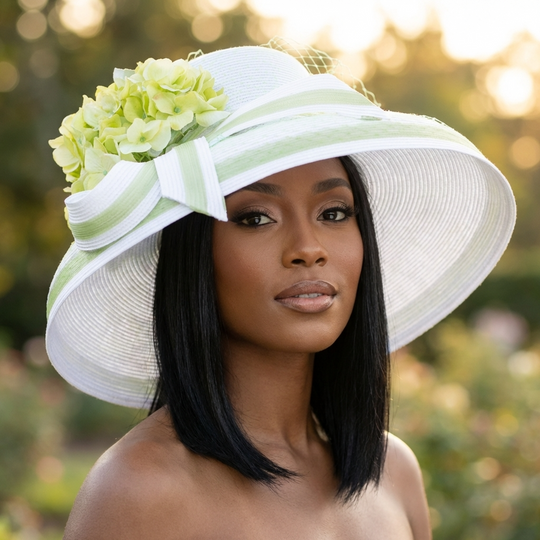 White / Lime Flower Bow Trim Down Brim Poly Straw Hat