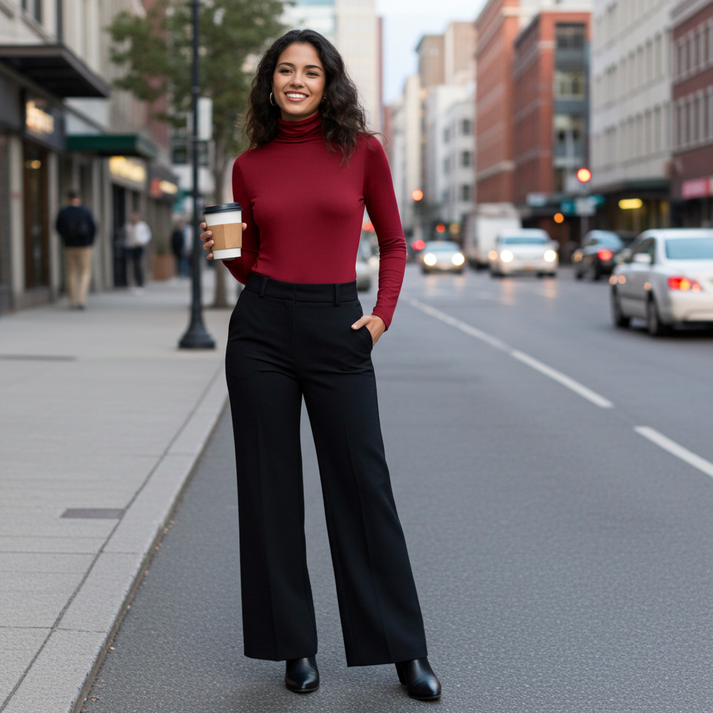 Woman in a red turtleneck and black pants standing on a city street holding a coffee cup.