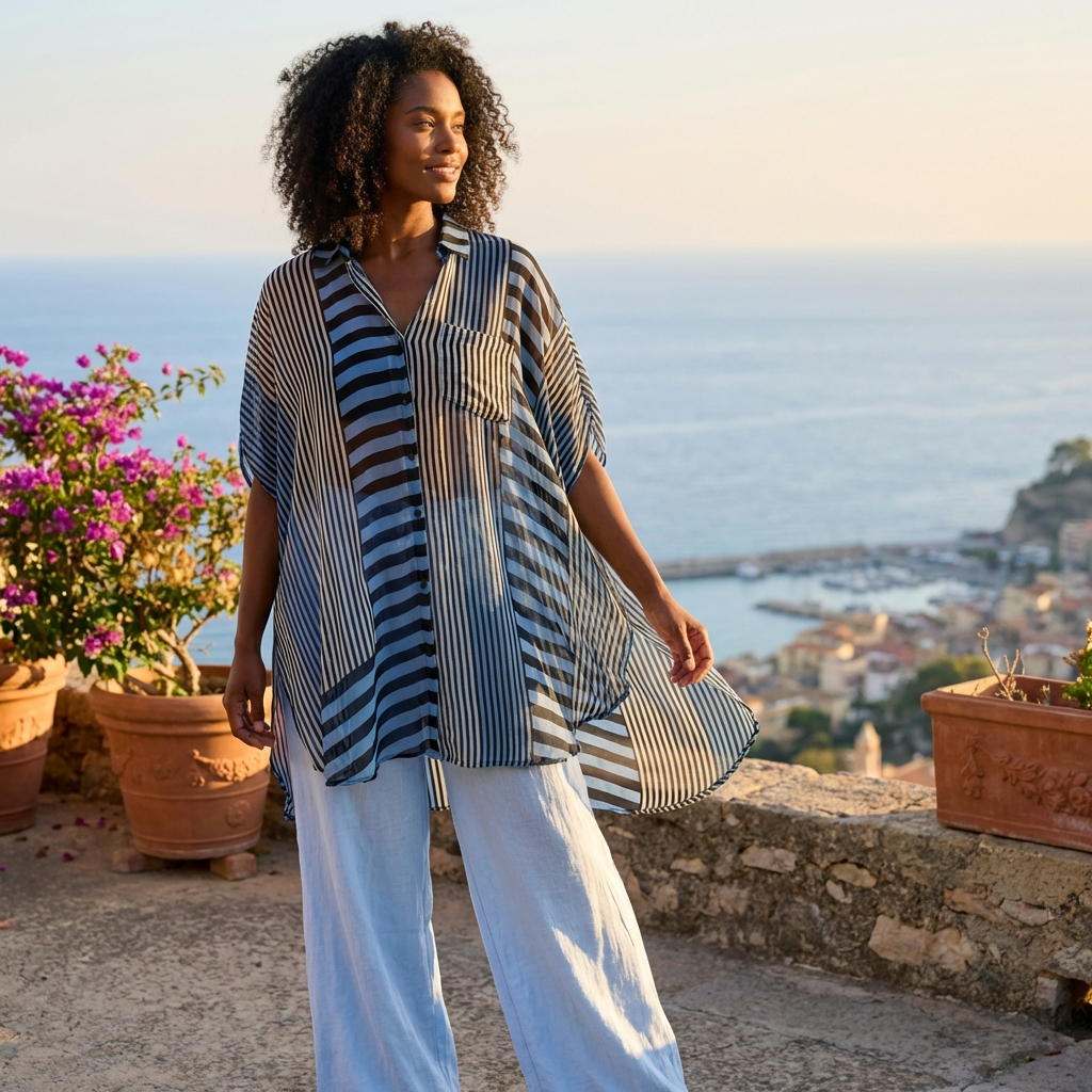 Flowy Striped Oversized Shirt – Lightweight Viscose Georgette Blouse