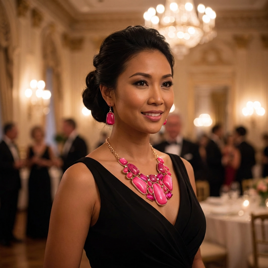 Assorted A Gate Crystal Gemstone Bib Necklace Set : Fuchsia