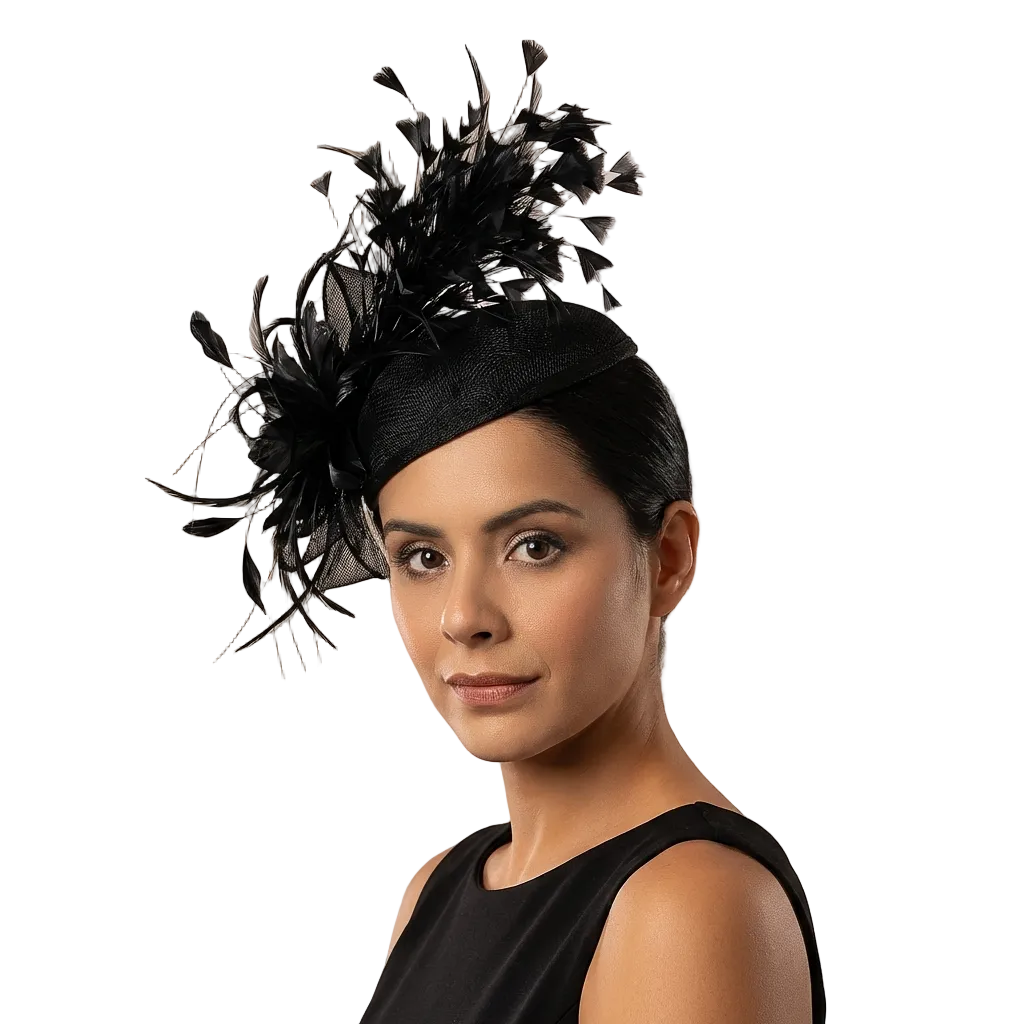 Tocado de plumas Midnight Bloom - Tocado de alta costura esculpido negro con velo