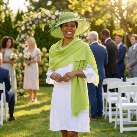 Woman in a white dress and green hat and shawl at an outdoor event with floral decorations.