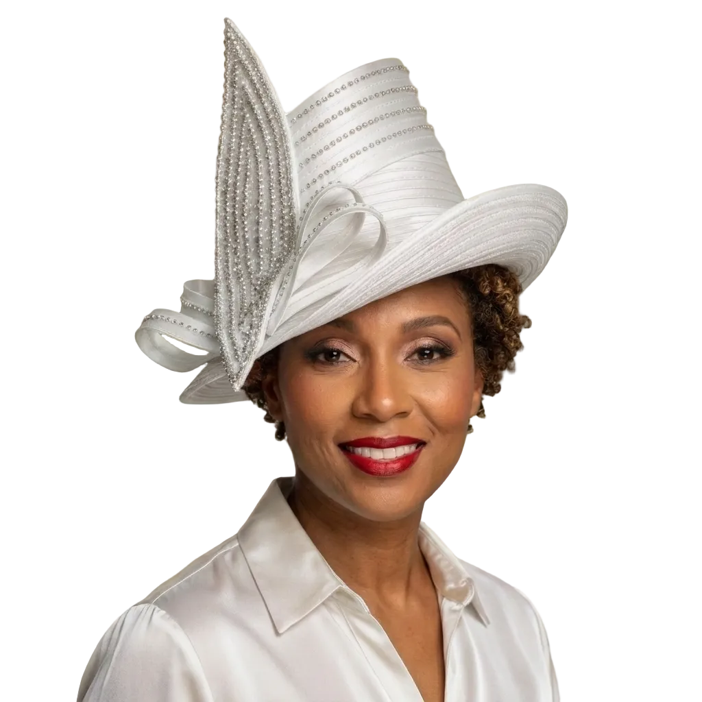 Woman wearing a white hat with decorative elements in a garden setting