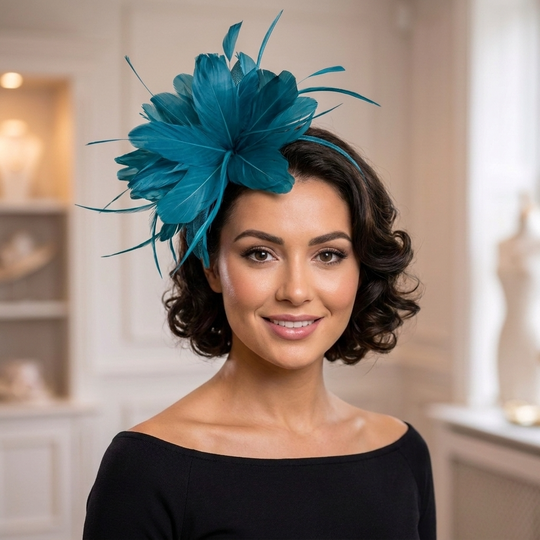 Tocado de plumas Midnight Bloom - Tocado de alta costura esculpido negro con velo
