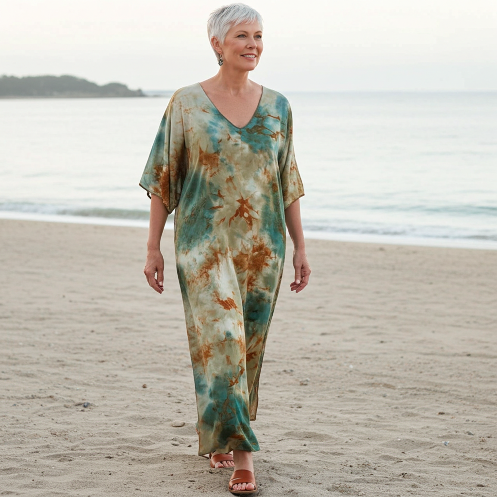 Woman in a tie-dye dress walking on a beach