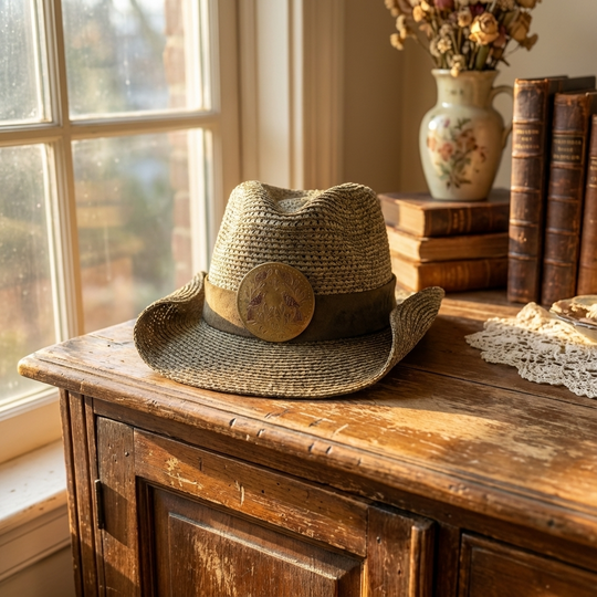 Worn straw hat on a wooden surface with books and a vase in the background
