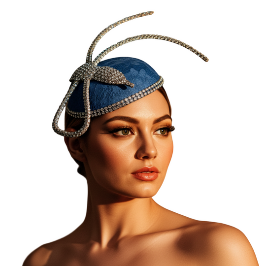 Woman wearing a blue hat with decorative elements against a warm-toned background