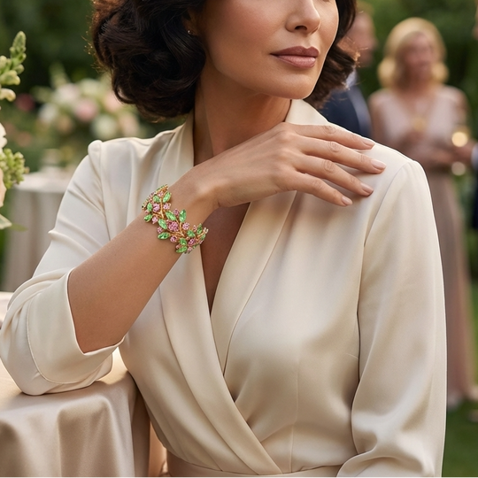 Woman in a white dress with floral arrangement and blurred background