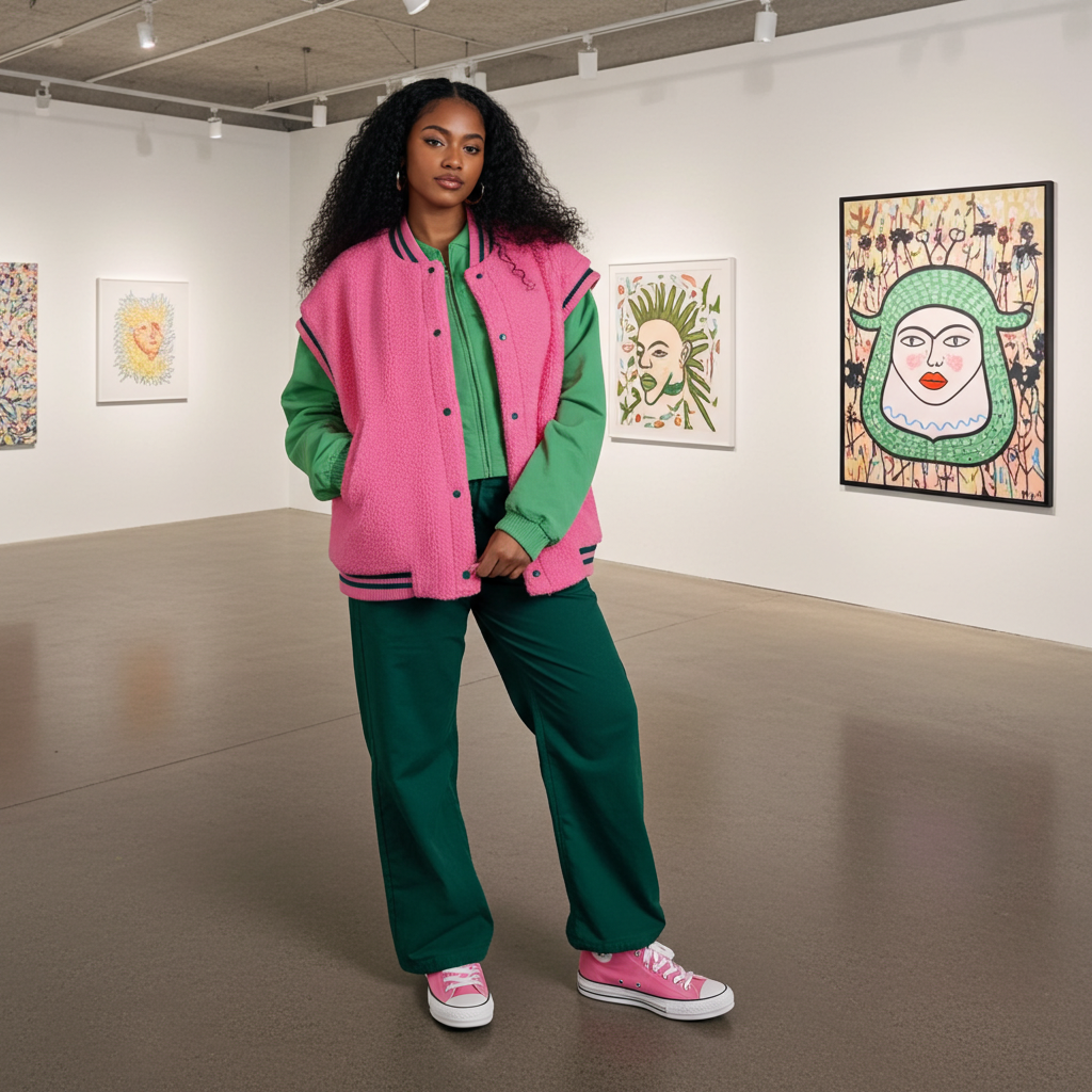 Person wearing a pink and green outfit in an art gallery
