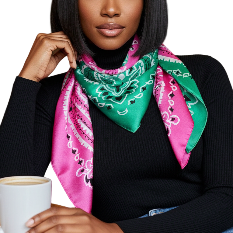 Woman wearing a aka scarf holding a cup in a cozy indoor setting