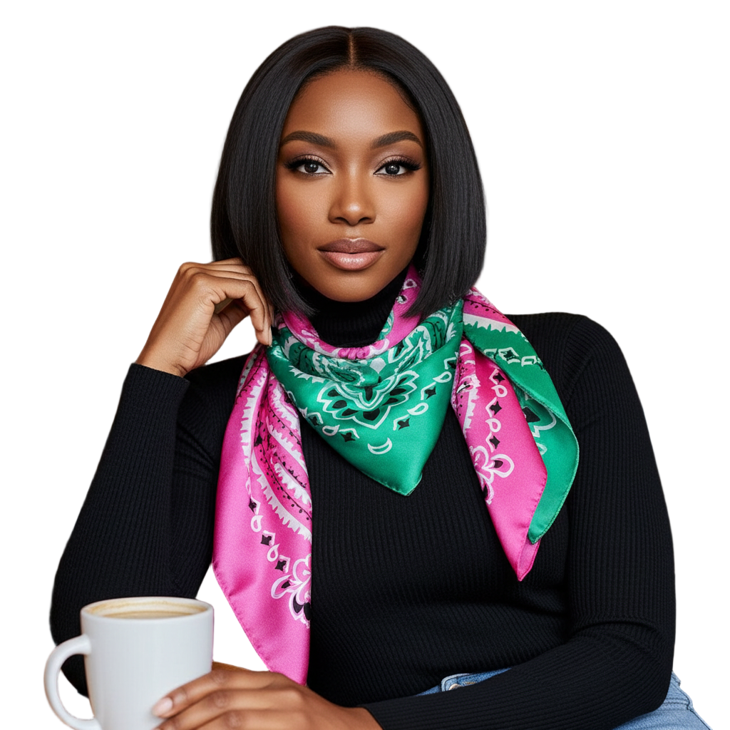 Woman wearing a aka scarf holding a cup in a cozy indoor setting