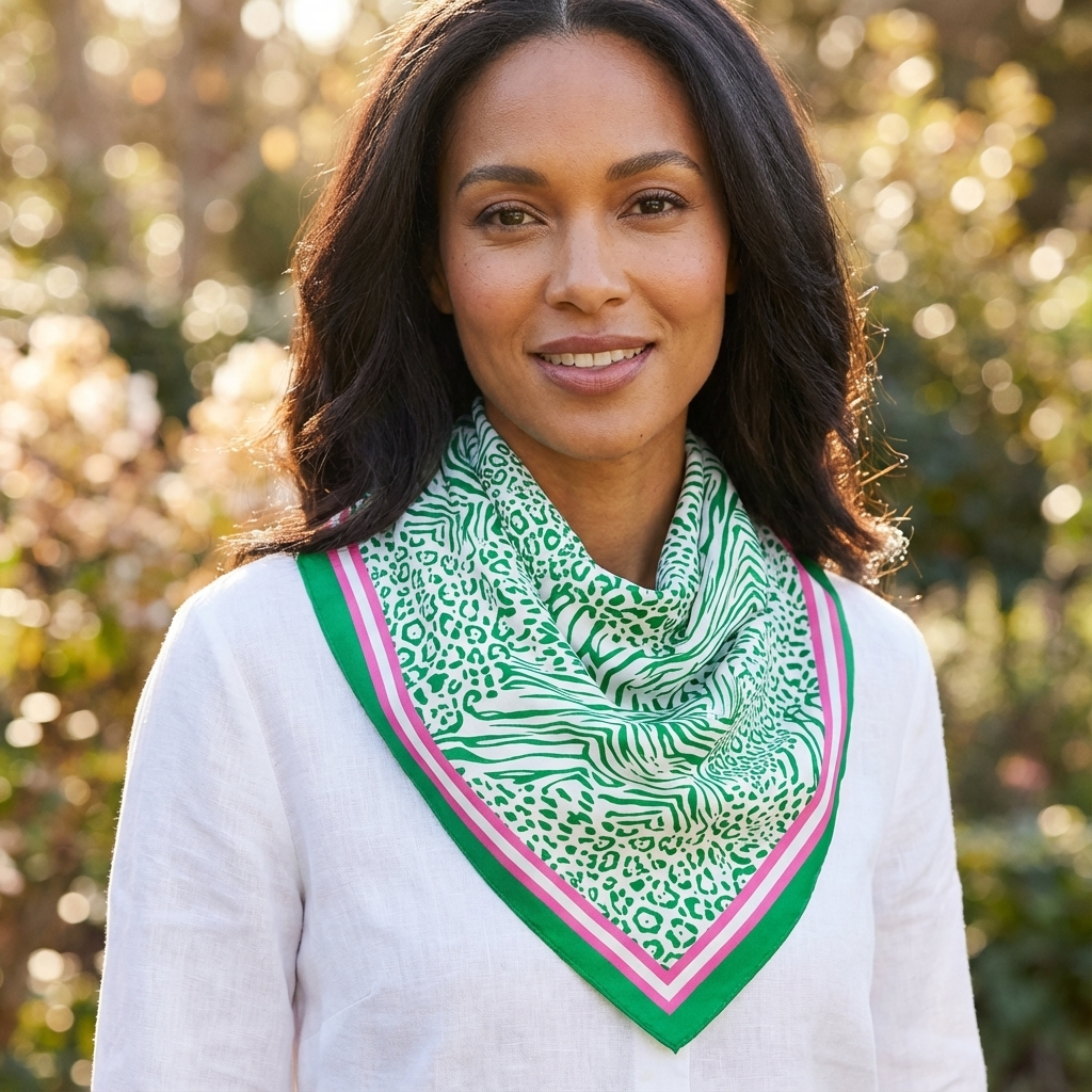 Woman wearing a green patterned scarf outdoors with a blurred natural background