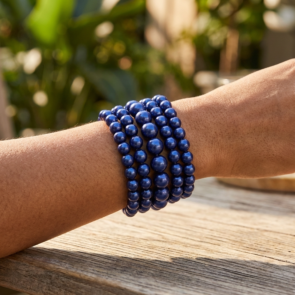 Person wearing multiple blue beaded bracelets on a wooden surface with a blurred natural background