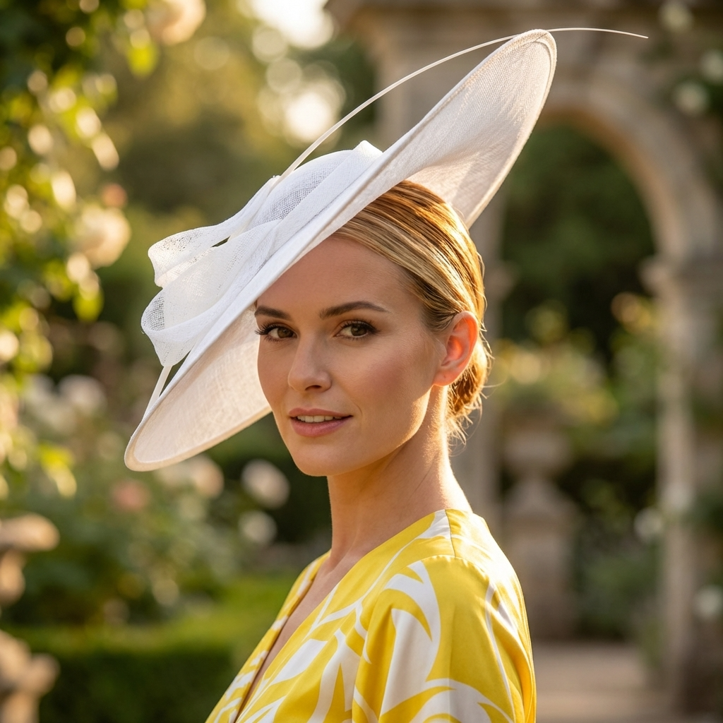 Woman wearing a large white hat in an outdoor setting