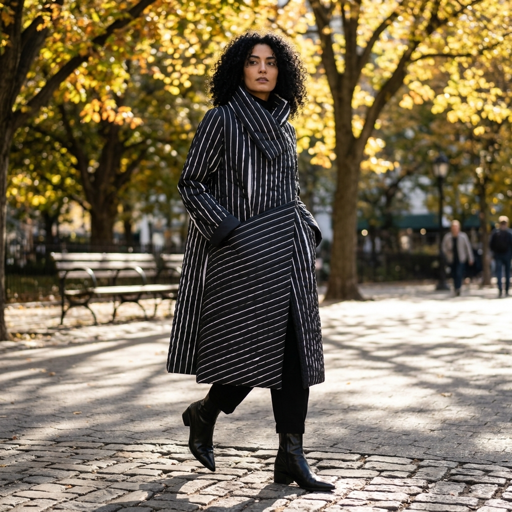 A woman walking outdoors in a cobblestone park wearing a long black coat with thin white vertical stripes, black pants, and black ankle boots. Trees with yellow autumn leaves are blurred in the background.