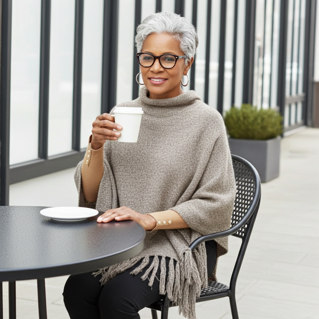 Poncho de cuello alto tejido jaspeado - Taupe