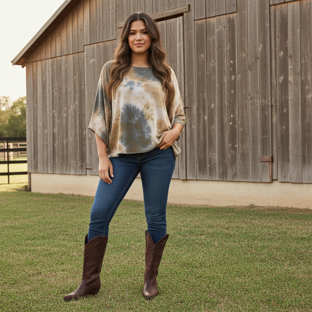Woman wearing a tie-dye shirt, blue jeans, and brown boots standing in front of a wooden barn.