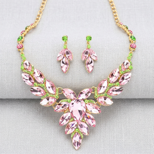 Pink and Green Marquise Crystal Evening Necklace and Earrings Set