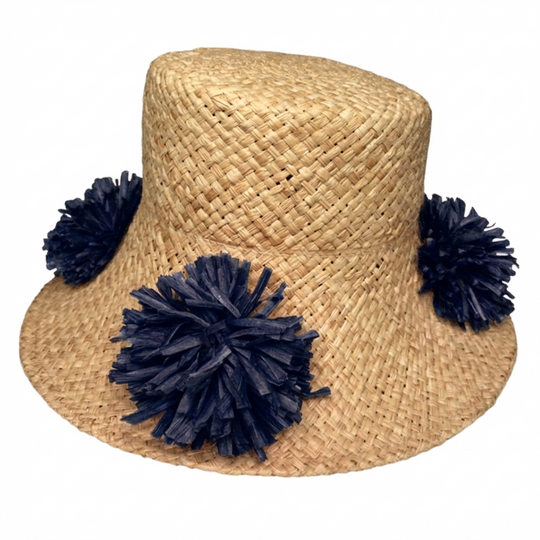 Natural Straw Hat with Navy Blue Pom Pom Detail